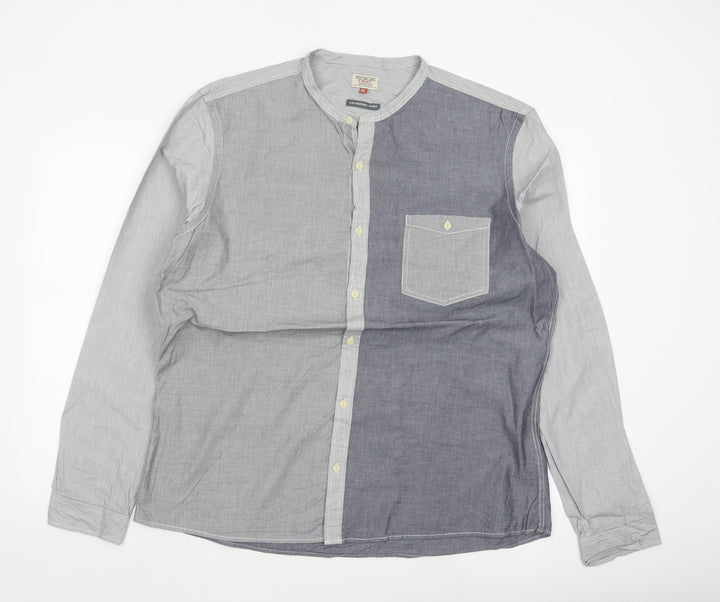 Next Men's Grey Colourblock Cotton Long Sleeve Band Collar Shirt XL