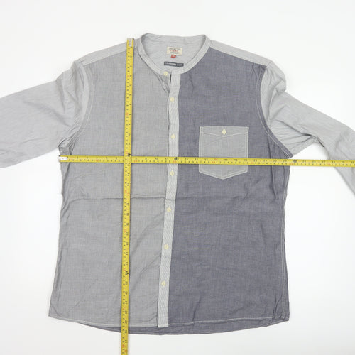 Next Men's Grey Colourblock Cotton Long Sleeve Band Collar Shirt XL