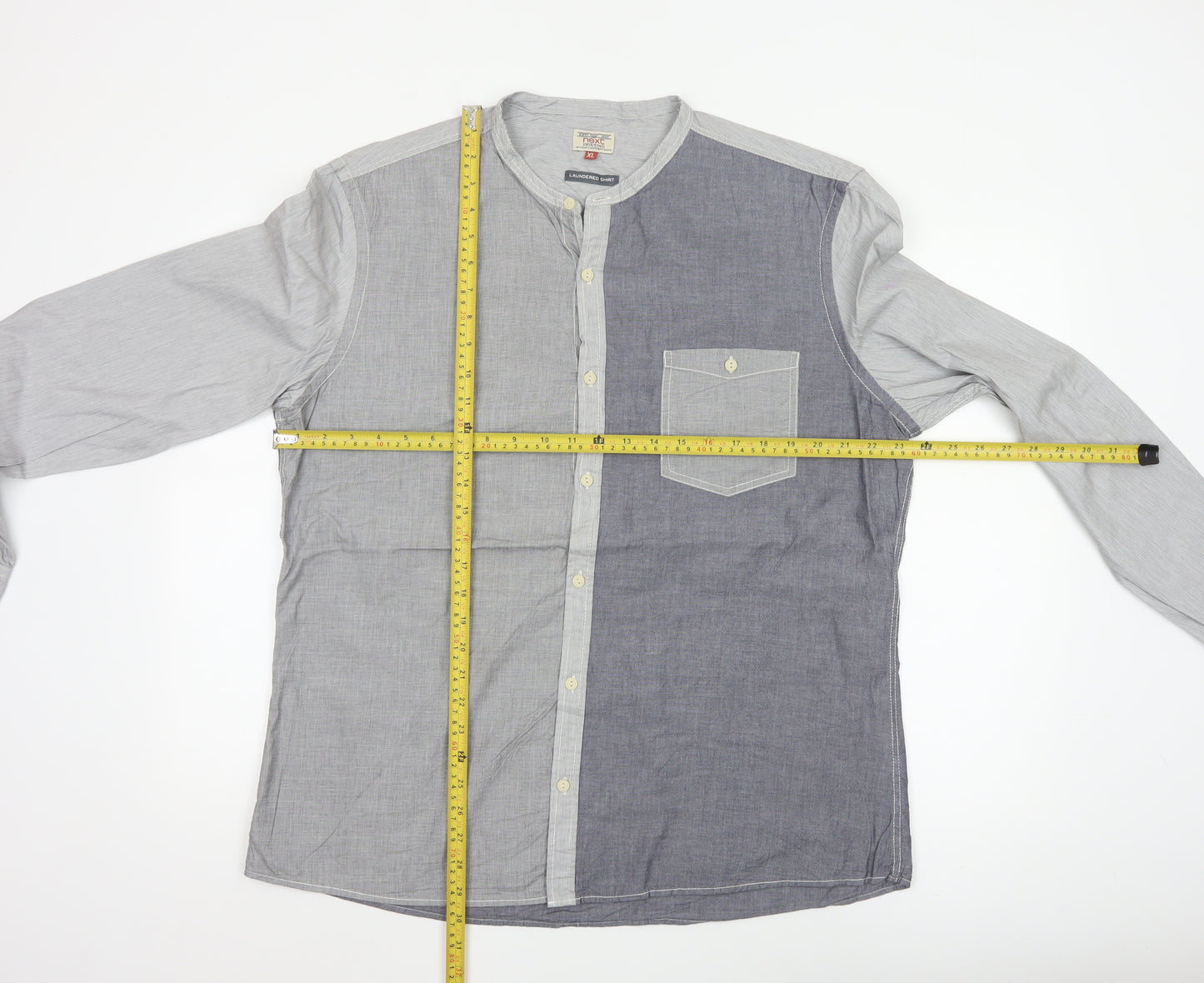 Next Men's Grey Colourblock Cotton Long Sleeve Band Collar Shirt XL