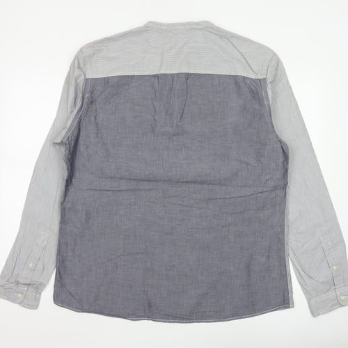 Next Men's Grey Colourblock Cotton Long Sleeve Band Collar Shirt XL