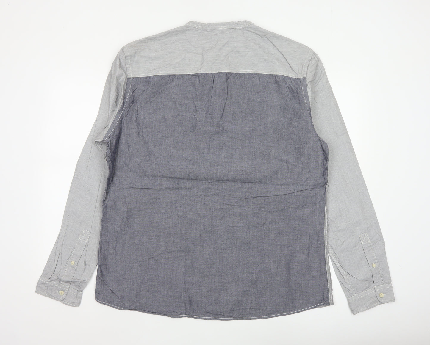 Next Men's Grey Colourblock Cotton Long Sleeve Band Collar Shirt XL