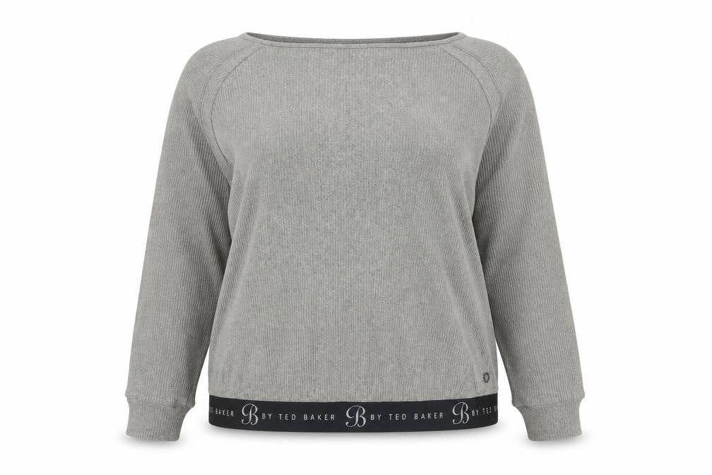 Front view of Ted Baker Women’s Grey Knit Jersey Long Sleeve Top, size UK 18