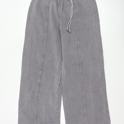 Zara Women Grey Wide-Leg Trousers Size S Cotton Blend Drawstring Waist