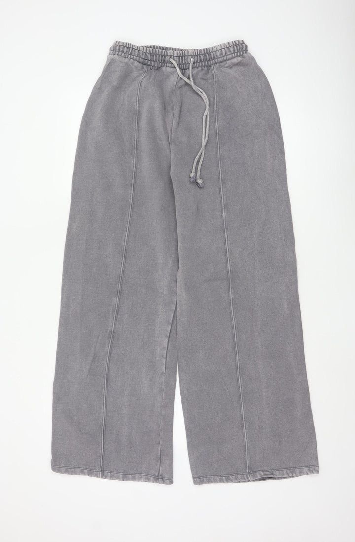 Zara Women Grey Wide-Leg Trousers Size S Cotton Blend Drawstring Waist