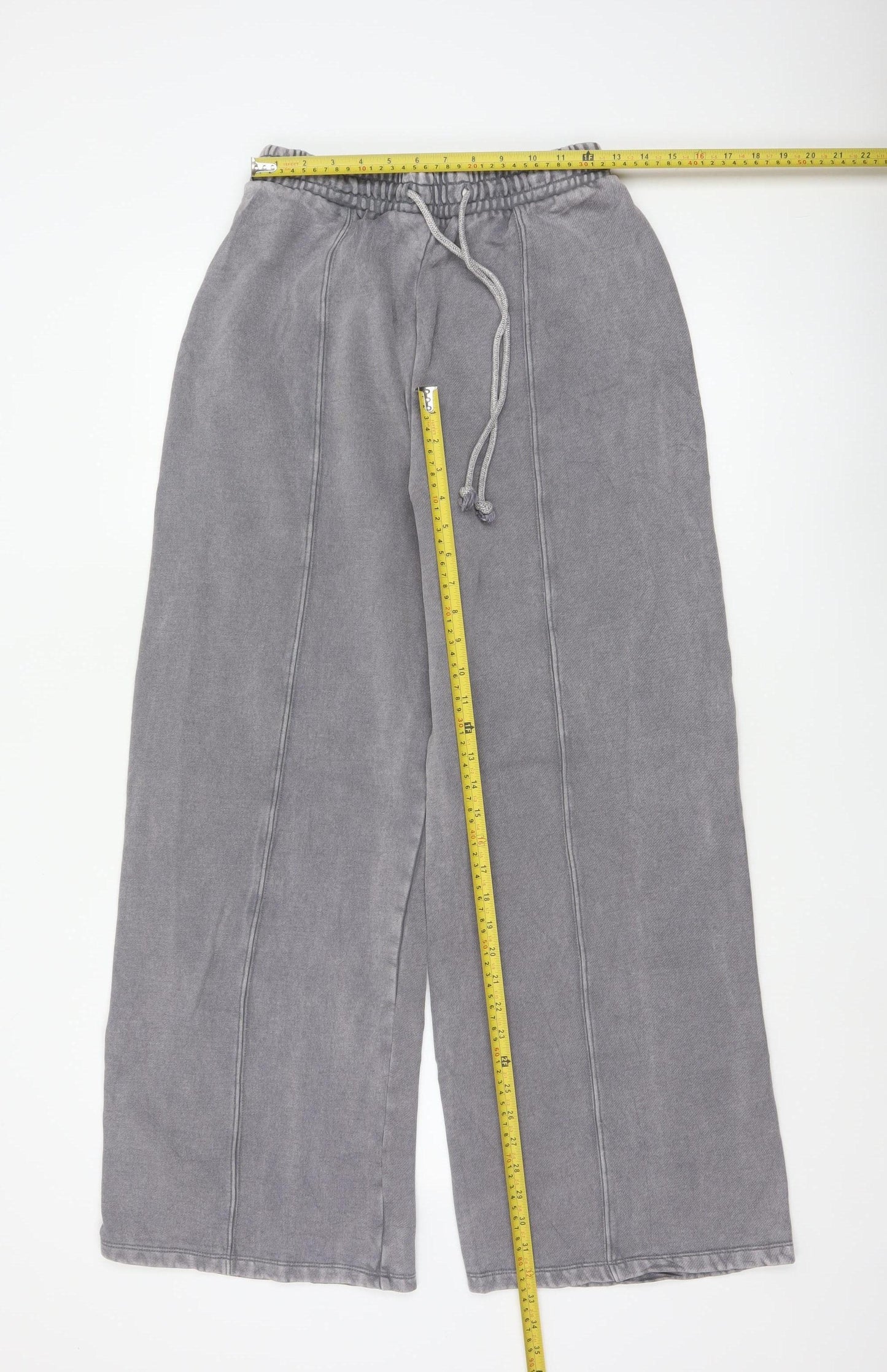 Zara Women Grey Wide-Leg Trousers Size S Cotton Blend Drawstring Waist
