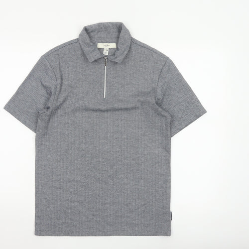 River Island Men's Grey Short Sleeve 1/4 Zip Polo Shirt Size S