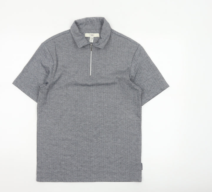 River Island Men's Grey Short Sleeve 1/4 Zip Polo Shirt Size S