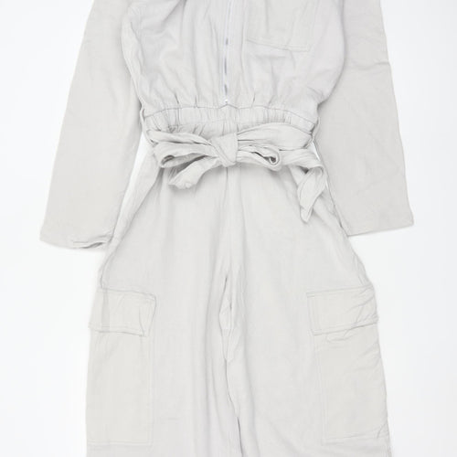 Zara Women Ivory Lyocell Collared Belted Long Sleeve Jumpsuit Size 12
