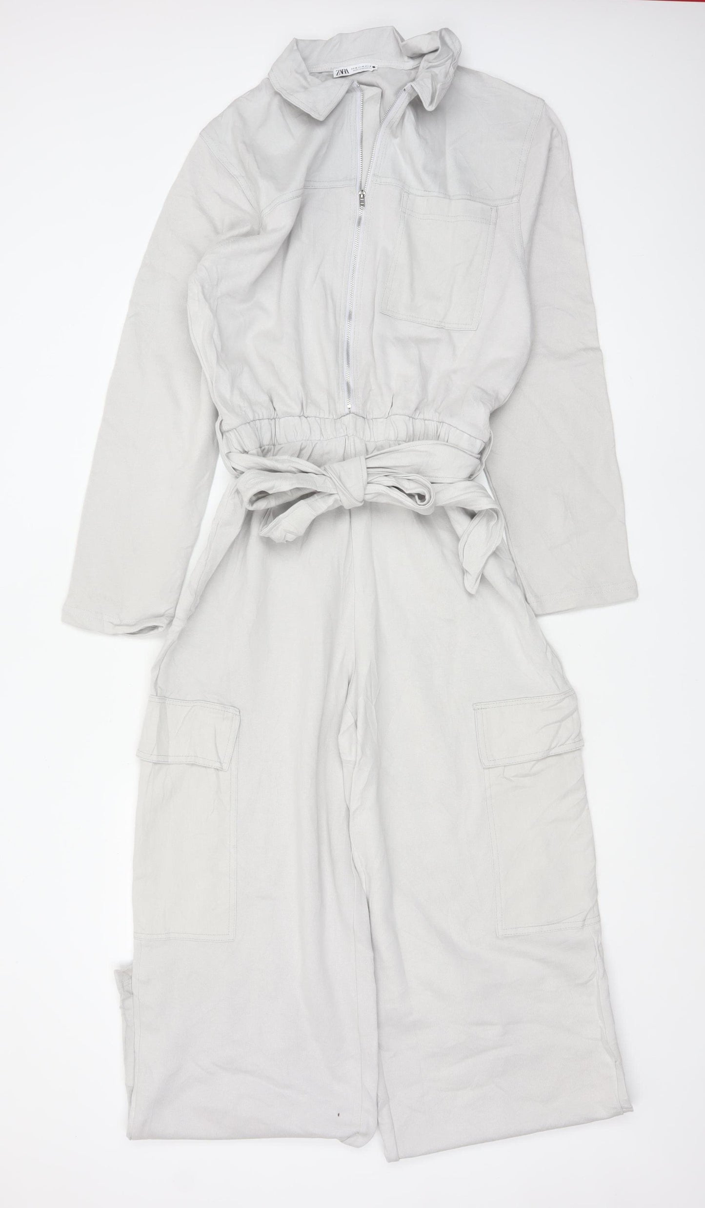 Zara Women Ivory Lyocell Collared Belted Long Sleeve Jumpsuit Size 12