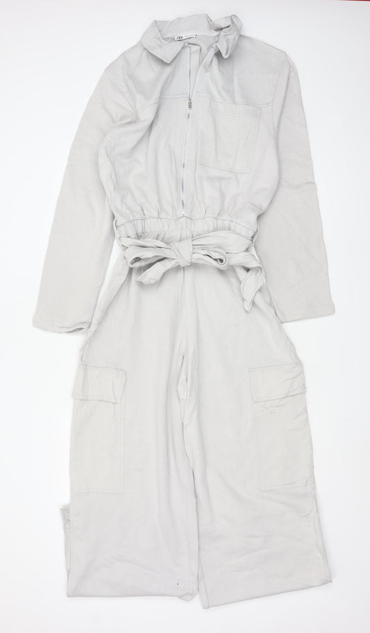 Zara Women Ivory Lyocell Collared Belted Long Sleeve Jumpsuit Size 12