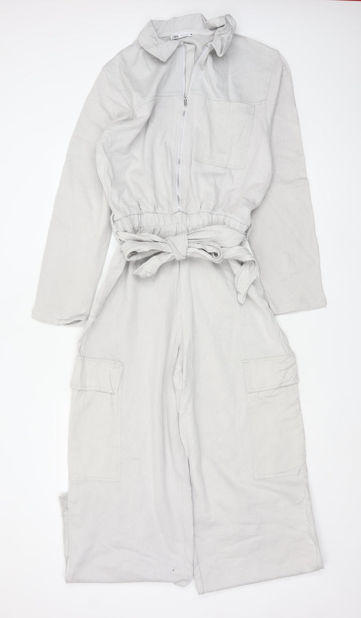 Zara Women Ivory Lyocell Collared Belted Long Sleeve Jumpsuit Size 12