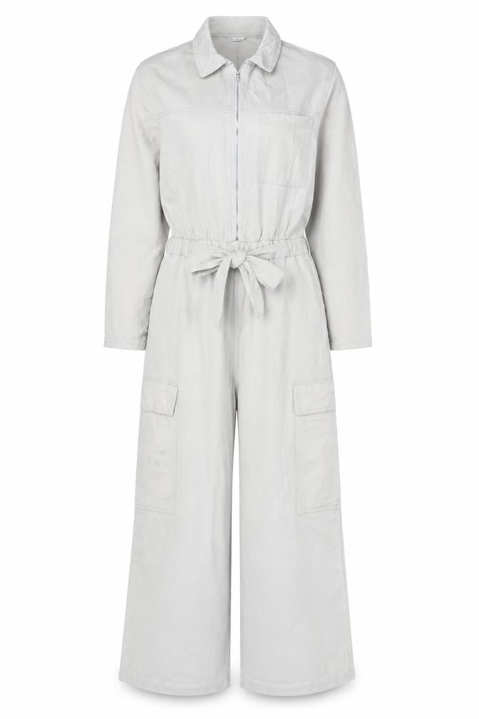 Front view of Zara Women Ivory Lyocell Collared Belted Long Sleeve Jumpsuit, size 12