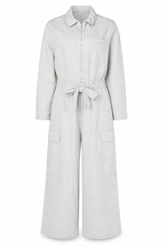 Zara Women Ivory Lyocell Collared Belted Long Sleeve Jumpsuit Size 12