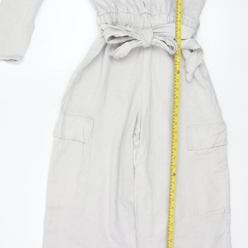Zara Women Ivory Lyocell Collared Belted Long Sleeve Jumpsuit Size 12