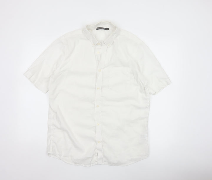 French Connection Men's White Linen Cotton Short Sleeve Shirt L