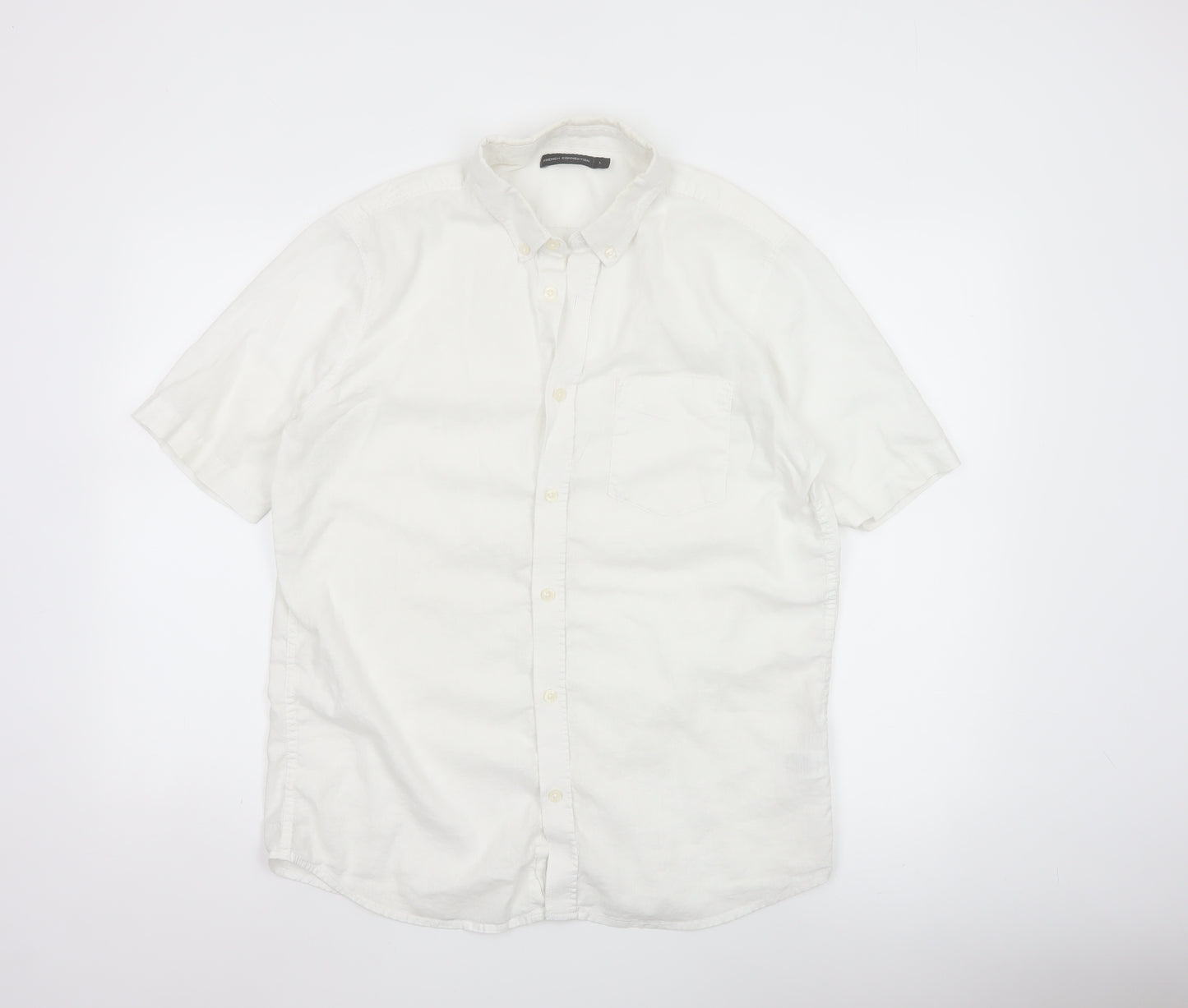 French Connection Men's White Linen Cotton Short Sleeve Shirt L