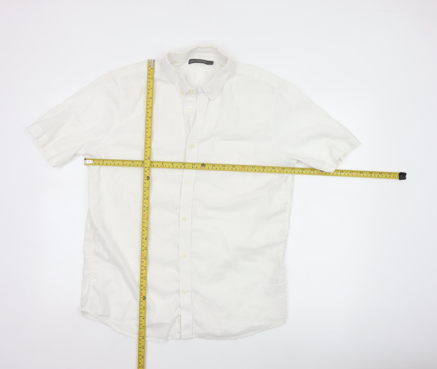French Connection Men's White Linen Cotton Short Sleeve Shirt L