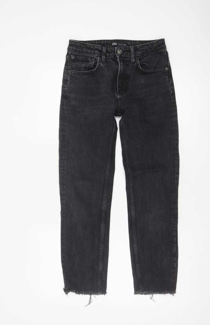 Zara Women Black Mid Rise Straight Jeans Size 8 Distressed Hem