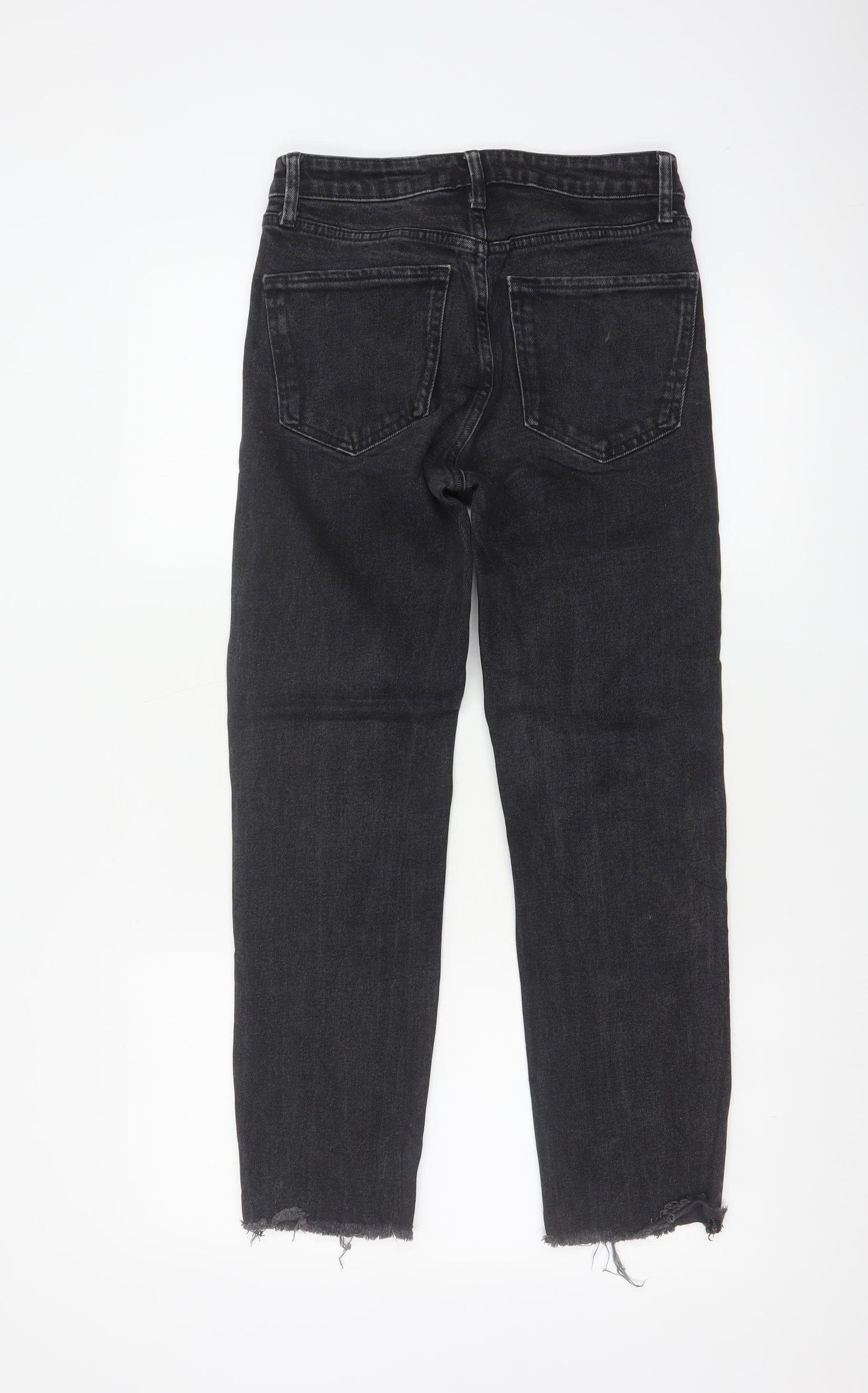 Zara Women Black Mid Rise Straight Jeans Size 8 Distressed Hem