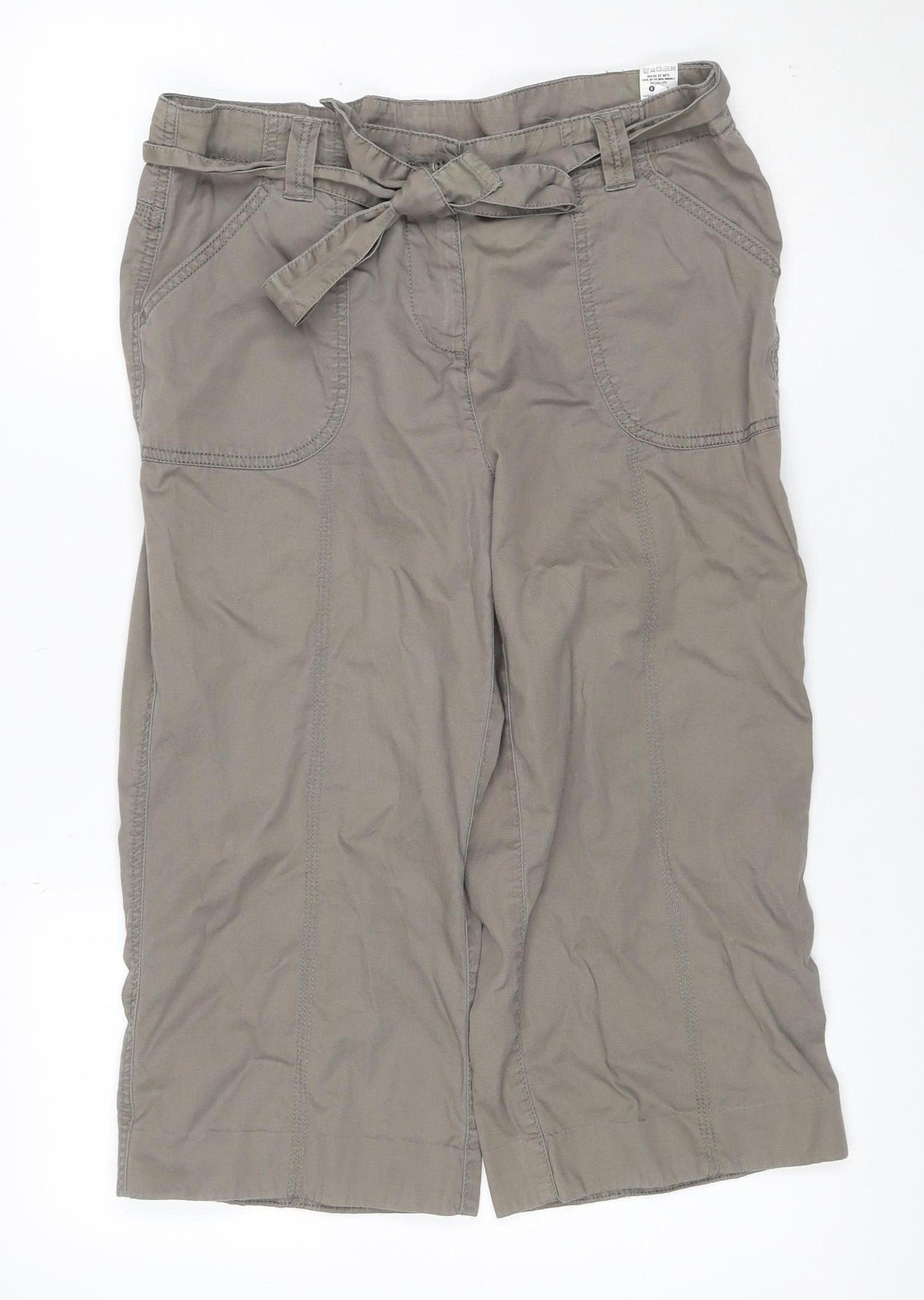 Marks and Spencer Women Brown Cropped Wide-Leg Belted Cotton Trousers UK 12