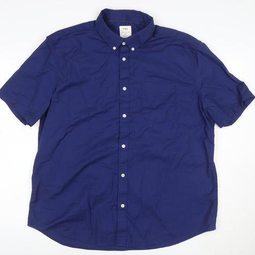 Marks and Spencer Men's Blue 2XL Regular Fit Short Sleeve Button-Up Shirt