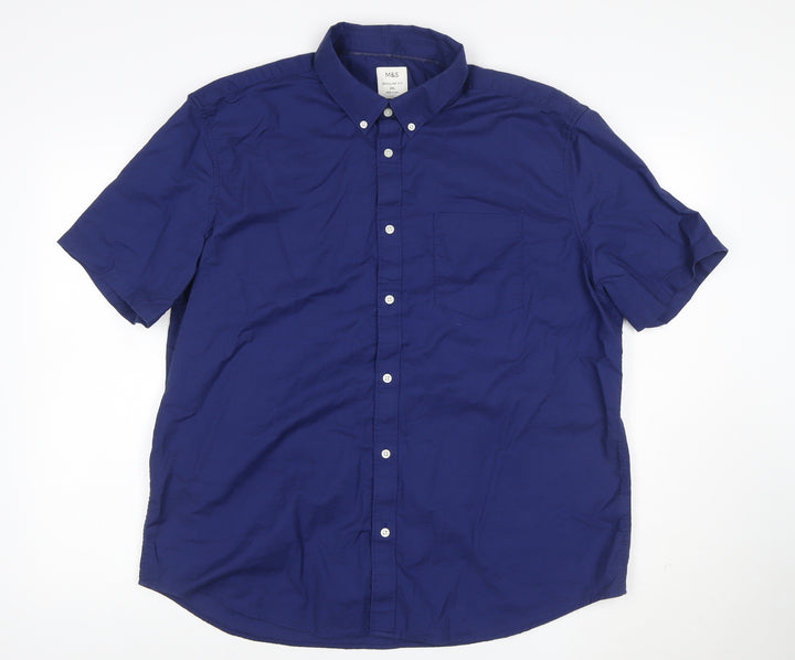 Marks and Spencer Men's Blue 2XL Regular Fit Short Sleeve Button-Up Shirt