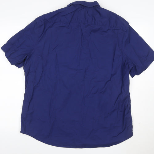 Marks and Spencer Men's Blue 2XL Regular Fit Short Sleeve Button-Up Shirt