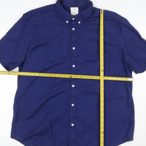 Marks and Spencer Men's Blue 2XL Regular Fit Short Sleeve Button-Up Shirt