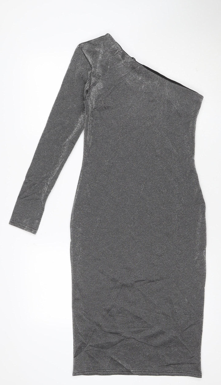 Warehouse Women’s Silver One Shoulder Midi Bodycon Dress Size 10