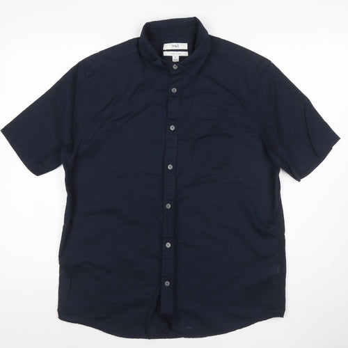 Marks and Spencer Men's Blue Linen Blend Short Sleeve Shirt M