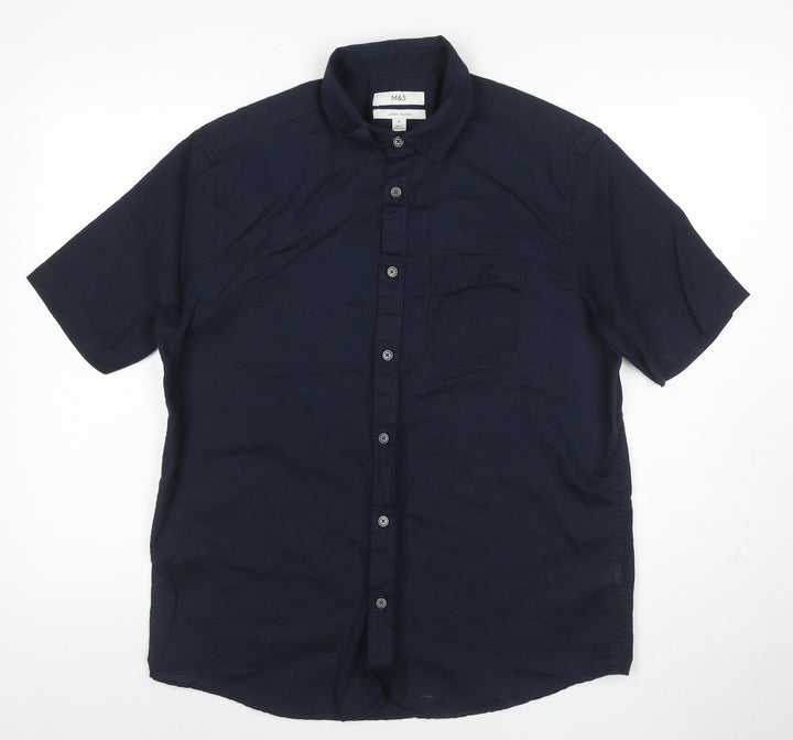 Marks and Spencer Men's Blue Linen Blend Short Sleeve Shirt M