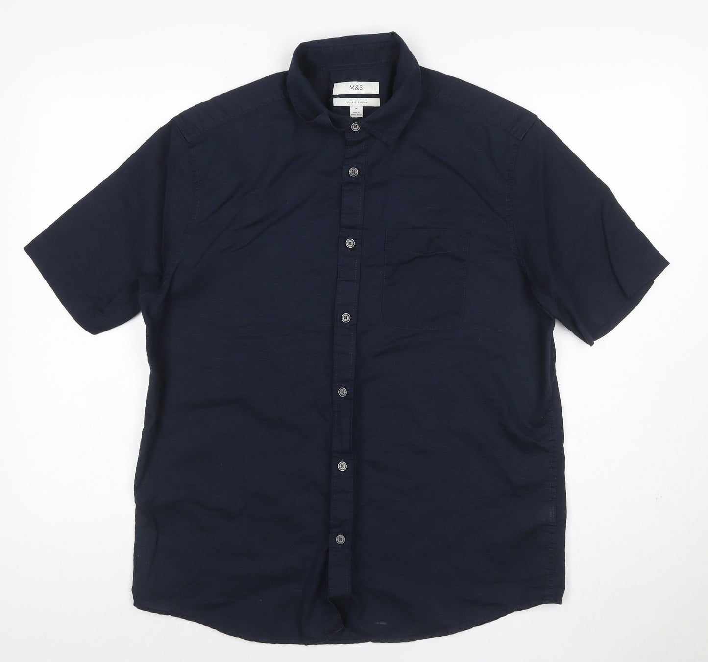 Marks and Spencer Men's Blue Linen Blend Short Sleeve Shirt M