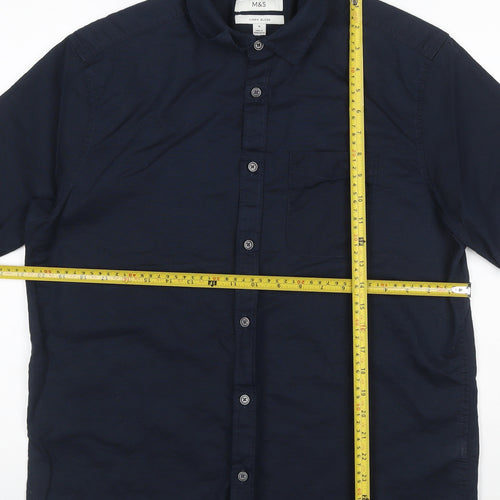 Marks and Spencer Men's Blue Linen Blend Short Sleeve Shirt M