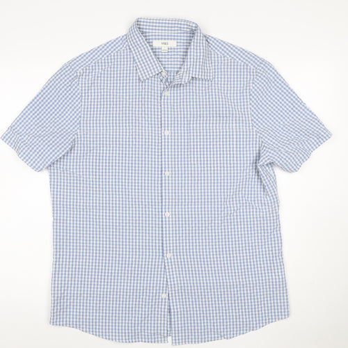 Marks and Spencer Men Blue Check Modal Blend Short Sleeve Shirt L