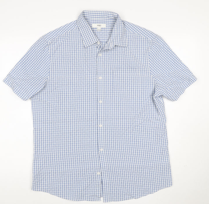 Marks and Spencer Men Blue Check Modal Blend Short Sleeve Shirt L