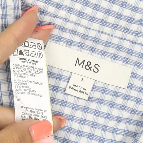 Marks and Spencer Men Blue Check Modal Blend Short Sleeve Shirt L