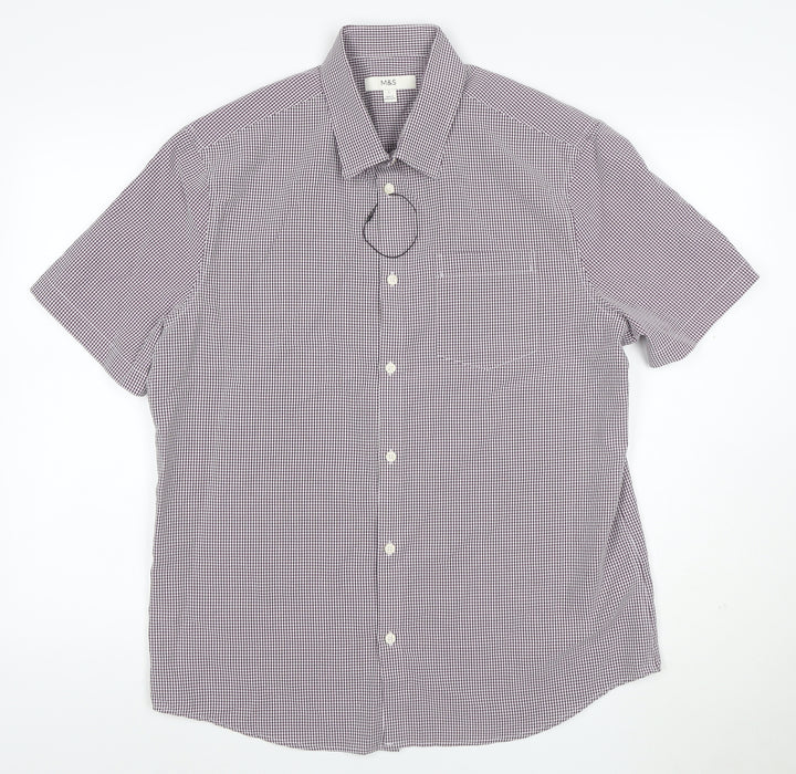 Marks and Spencer Men Purple Check Short Sleeve Collared T-Shirt L