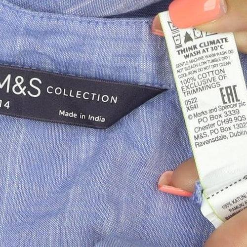 Marks and Spencer Women's Blue Cotton Long Sleeve Shirt Dress Size 14