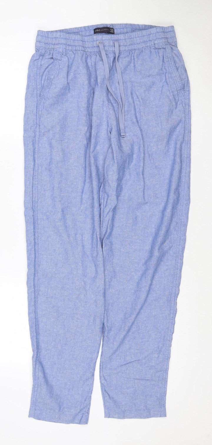 Marks and Spencer Women Blue Linen Blend Elastic Waist Tapered Trousers Size 12 Long