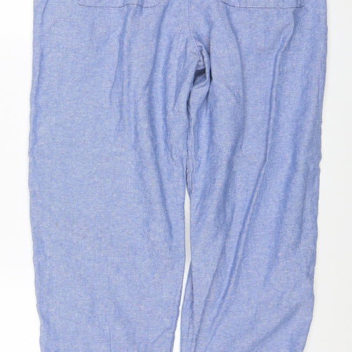 Marks and Spencer Women Blue Linen Blend Elastic Waist Tapered Trousers Size 12 Long