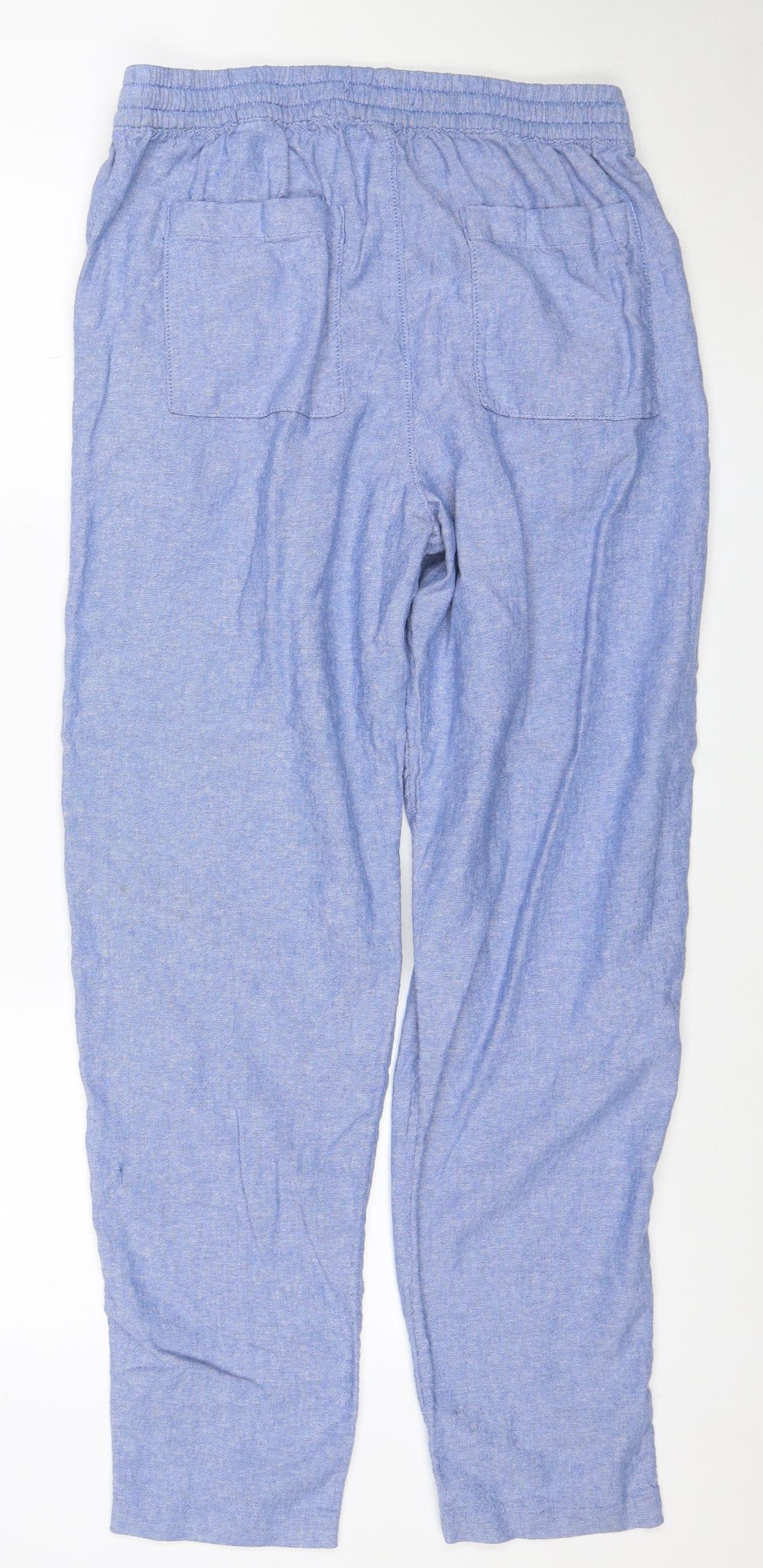 Marks and Spencer Women Blue Linen Blend Elastic Waist Tapered Trousers Size 12 Long
