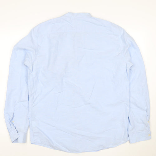 Pull&Bear Men's Blue XL Cotton Linen Band Collar Long Sleeve Shirt