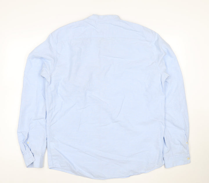 Pull&Bear Men's Blue XL Cotton Linen Band Collar Long Sleeve Shirt