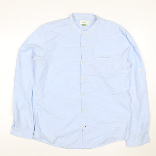 Pull&Bear Men's Blue XL Cotton Linen Band Collar Long Sleeve Shirt