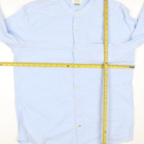 Pull&Bear Men's Blue XL Cotton Linen Band Collar Long Sleeve Shirt
