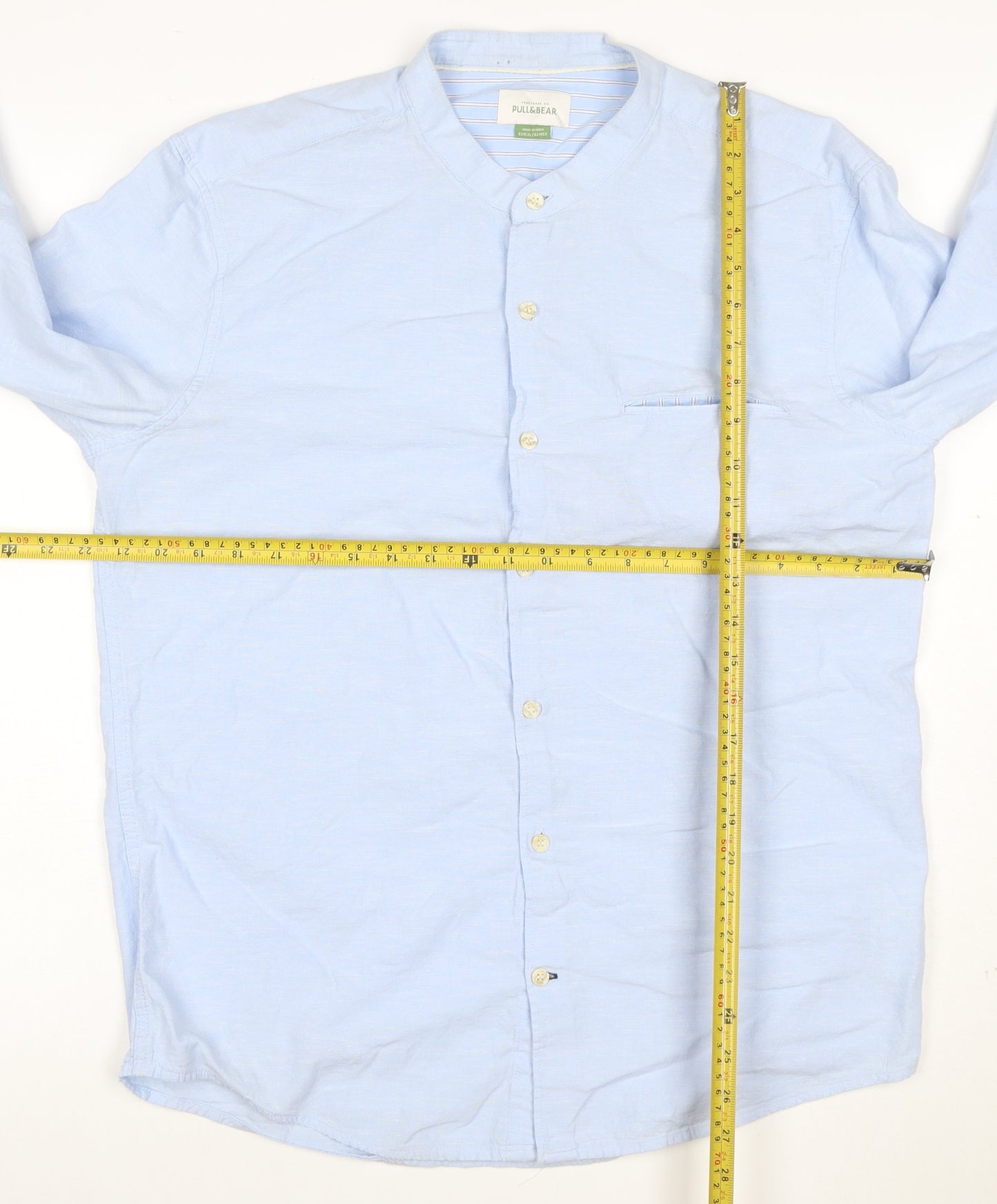 Pull&Bear Men's Blue XL Cotton Linen Band Collar Long Sleeve Shirt