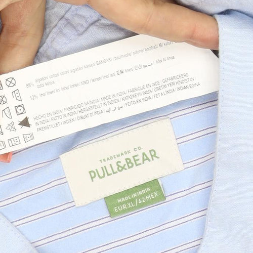 Pull&Bear Men's Blue XL Cotton Linen Band Collar Long Sleeve Shirt