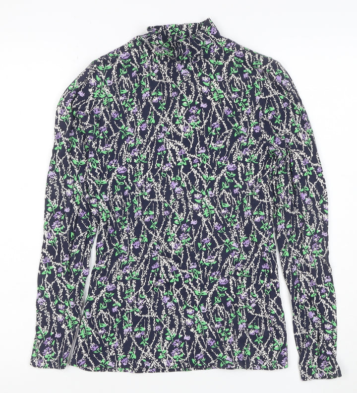 Marks and Spencer Women’s Blue Floral High Neck Long Sleeve Blouse Size 8
