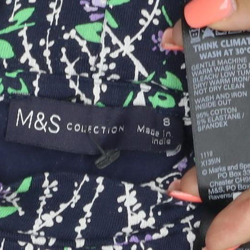 Marks and Spencer Women’s Blue Floral High Neck Long Sleeve Blouse Size 8