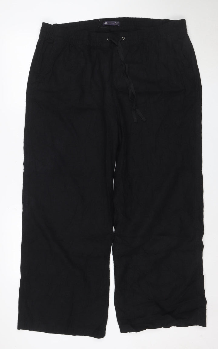 Marks and Spencer Women Black Linen Blend Wide-Leg Trousers Size 22 Regular